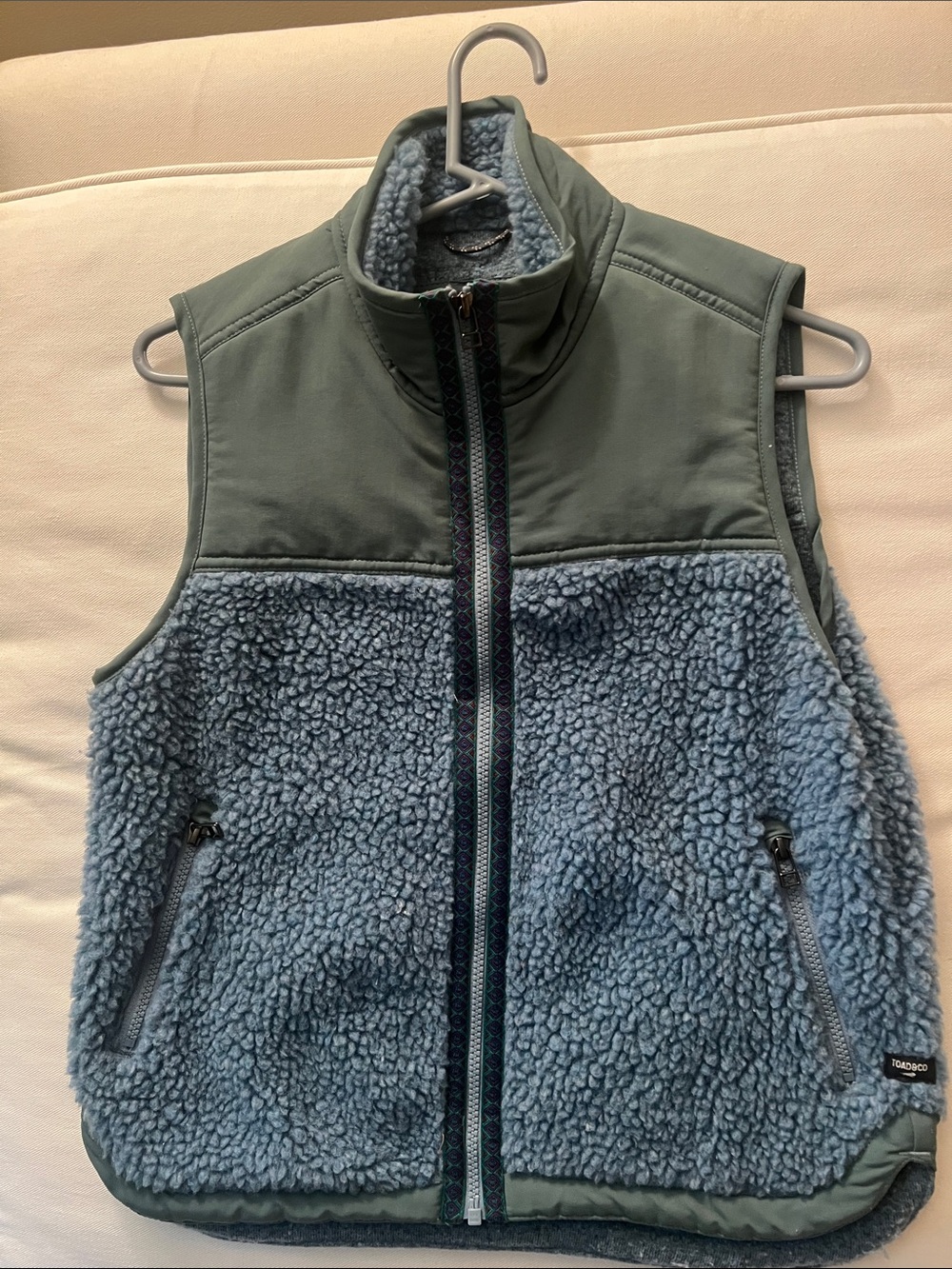 Toad&Co Light Blue and Sage Green Sherpa Fleece Vest